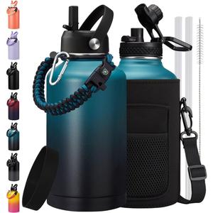 64/128 oz Half Gallon Insuated Water Bottle, (Keep Cold 48H), Leak Proof Food-Grade Stainless Steel Water Jug With Straw Lid and Atuo Spout Lid, Portable Paracord Handle & Carrier Bag Indigo Black