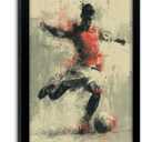 Framed Vintage Soccer Wall Art, Vintage Football Player Canvas Print, Dynamic Soccer Action Poster with Solid Wood Frame, Retro Sports Wall Decor for Boys Bedroom Bar, 16"L x 24"W