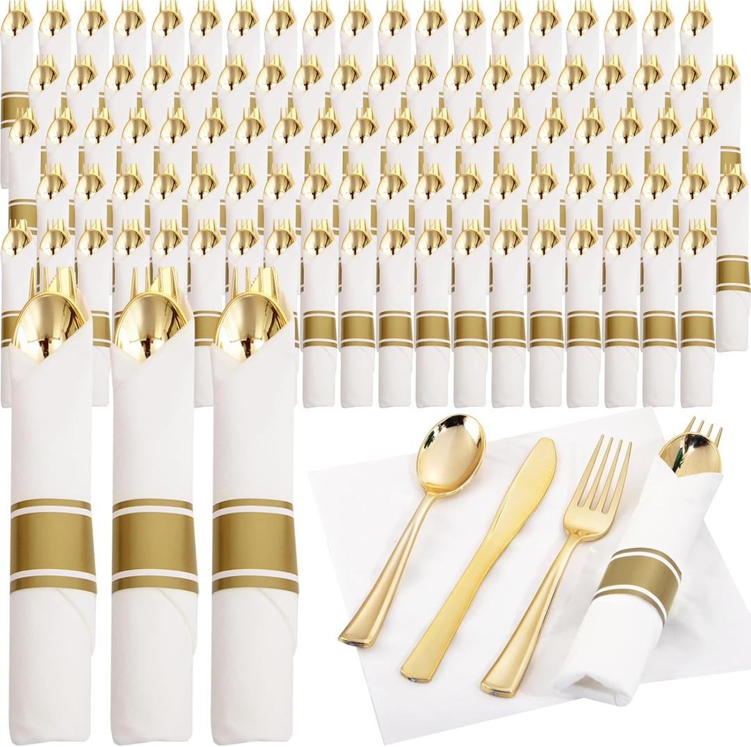Supernal 120Pack Gold Plastic Silverware Wrapped Plastic Cutlery Set with Napkin, Pre Rolled Napkins with Cutlery Set, Rolled Silverware Disposable For Valentine's Day Mother's Day and Easter
