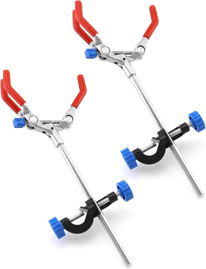 QWORK Adjustable Lab Clamp with 3 Prong Finger Design and Scientific Extension - Reliable Bosshead Clamp Holder, Laboratory Stand Clip, 2 Set