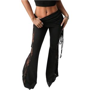 Verdusa Women's Lace Pants Fold Over Flare Leggings Bell Bottoms Rave Outfits Going Out (Black, XS)