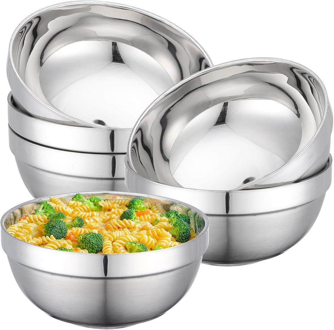 Stainless Steel Bowls, 6 Pack 7in 52.4oz 1550ml Large SUS304 Double Wall Insulated Stackable Metal Hot Soup Bowl Containers for Dishes Serving Cereal Snacks Ice Cream Food Rice Salad
