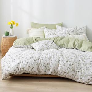 Botanical Cotton Comforter King Size - Tender Green Comforter Printed with Leafy Branches & Purple Stamens on Off-White,Reversible Lightweight Bedding Sets 3Pcs (King(104"90"))