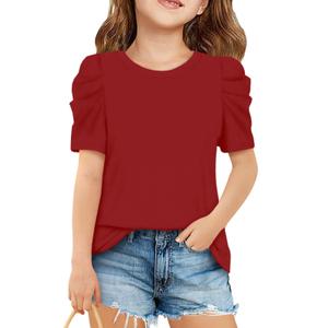 ZDC Girls Puff Short Sleeve Tops Crewneck T Shirts Red