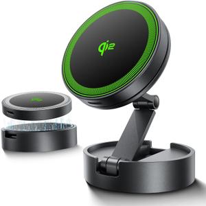 THREEKEY Qi2 Certified MagSafe Car Mount Charger Lite,Car Wireless Charger,15W Magnetic Charger Fast Charging,Retractable Phone Holder with 360Rotation,Car Mount for iPhone17-12&Galaxy S25 Ultra (Black)