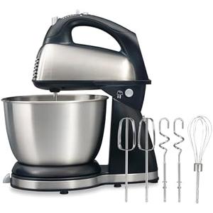 Hamilton Beach Classic Stand and Hand Mixer, 4 Quarts, 6 Speeds with QuickBurst, Bowl Rest, 290 Watts Peak Power, Black and Stainless