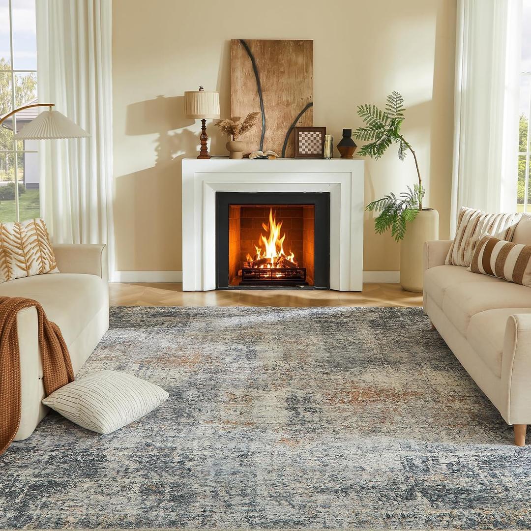 8x10 Washable Area Rug - Modern Abstract Distressed Vintage Carpet with Non-Slip Backing, Stain Resistant & Non-Shedding for Living Room Bedroom, Dining Table, Home Office, Yellow/Grey, 8'x10'