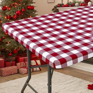 Smiry Rectangle Picnic Table Cloth, Elastic Waterproof Fitted Vinyl Tablecloths, Flannel Backed Buffalo Plaid Table Covers for Dining, Camping, Outdoor (Burgundy and White, 30" x 72")