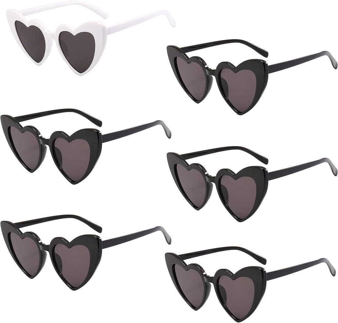6 Pack Vintage Heart Shaped Sunglasses for Women Sunglasses for Bachelorette Bridesmaid Bridal Birthday Party Wedding (5 Black 1 White)