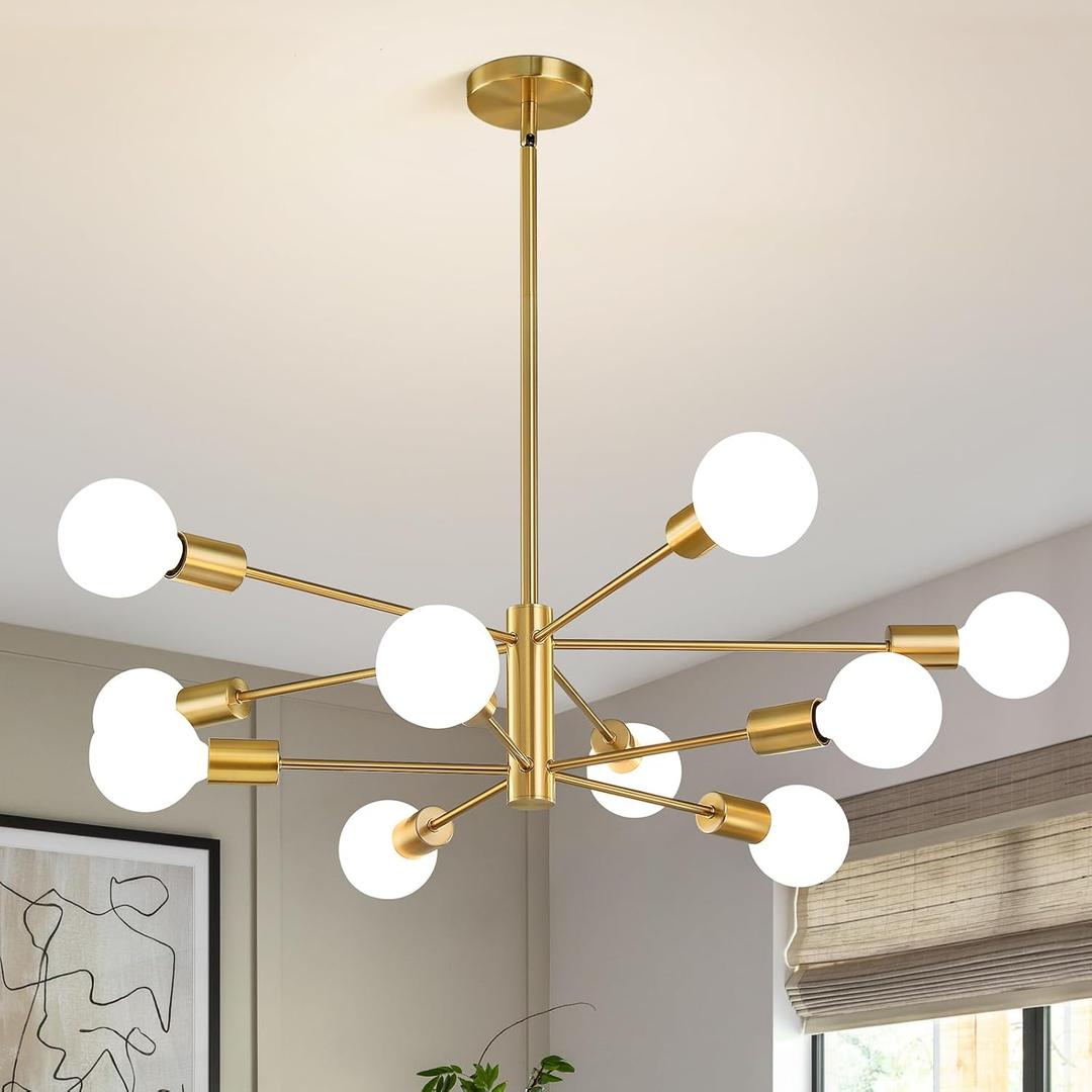 RUIYEY Modern Sputnik Chandeliers Light, 10Light Gold Gold Dining Room Chandelier Over Table, Height Adjustable Industrial Semi Flush Mount Mid Century Chandelier for Kitchen Island Living Room