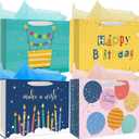 Nihuecne 16" Extra Large Happy Birthday Gift Bags with Tissue Paper, 4 Pack Paper Gift Bags with Handles for Birthday Gift Wrap,4 Designs