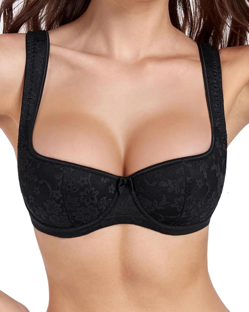 HACI Balconette Bra for Women Sexy Scoop Neck Low Cut Everyday Push Up Demi Half Cup Lightly Padded Shelf Underwire (32B, Black)