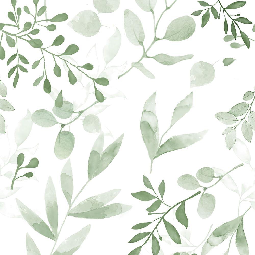 Green Leaf Wallpaper, Vinyl Soft Sage Green Eucalyptus Peel and Stick Wallpaper Thicken Boho Botanical Watercolor Wall Paper for Table Shelf Drawer Counter Top Cabinet Liner 17.7 x 117 Inches