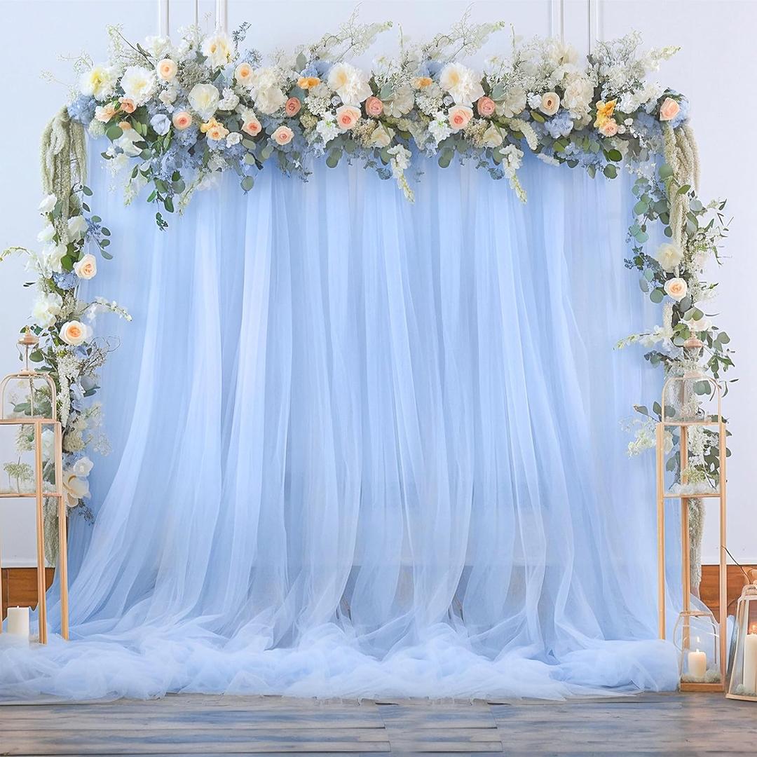 Baby Blue Tulle Backdrop Curtain for Parties Baby Shower Boys 108ft Light Blue Sheer Backdrop Curtains Drapes for Birthday Party Bridal Shower Wedding Photo Shoot Background 2 Panels 5ft X 8 ft