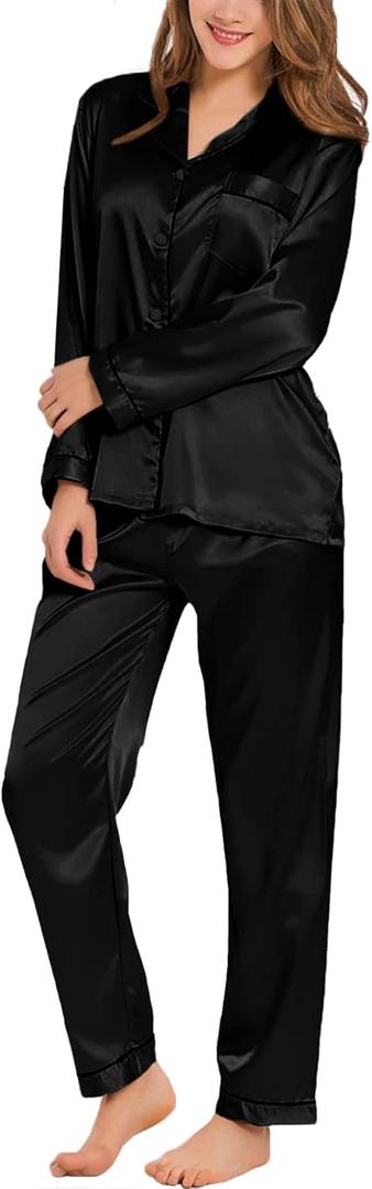 SWOMOG Womens Silk Satin Pajamas Set Long Sleeve Button Down Sleepwear 2 Piece Lounge Set Pj Set XS-3XL (Large, Blacka)