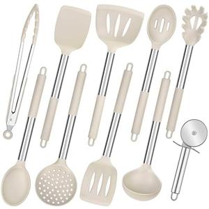 Kitchen Utensils Set of 10, P&P CHEF Heat-resistant Silicone Cooking Utensil with Stainless Steel Handle, Include Turner,Spatula,Spoon,Tong,Pizza Cutter, Dishwasher Safe, Khaki