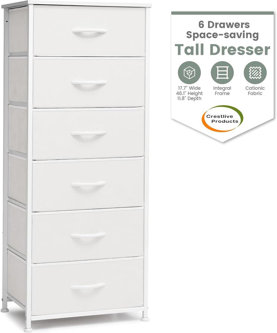 Crestlive Products Tall Dresser for Bedroom Vertical Storage Tower - Sturdy Steel Frame, Wood Top, Easy Pull Fabric Bins, Handles - Organizer Unit for Hallway, Entryway, Closets - 6 Drawers (White), 11.8"D x 17.7"W x 45.8"H