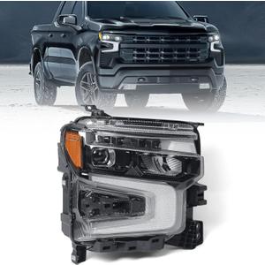 Full LED Headlight Compatible with Chevy Silverado 1500 2022 2023 2024 LT Trail Boss/RST Model w/Amber Animation Head Light Lamp Black Bezel Right Passenger Side 87828575
