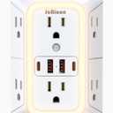 Wall Outlet Extender with Night Light, Power Plug Adapter 6 Outlet Extender with 4 USB Charging Ports 1050J Power Strip Multi Plug Adapter Spaced for Home Travel Office (2U2C) (White-1Pcs)
