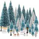 BOUBONI Mini Christmas Tree 35PCS Christmas Village Sets with Crafts Reindeer Snowmen Benches Street Lamp for Xmas Decorations Indoor Party Home Table Craft (Dark Green, Silver)