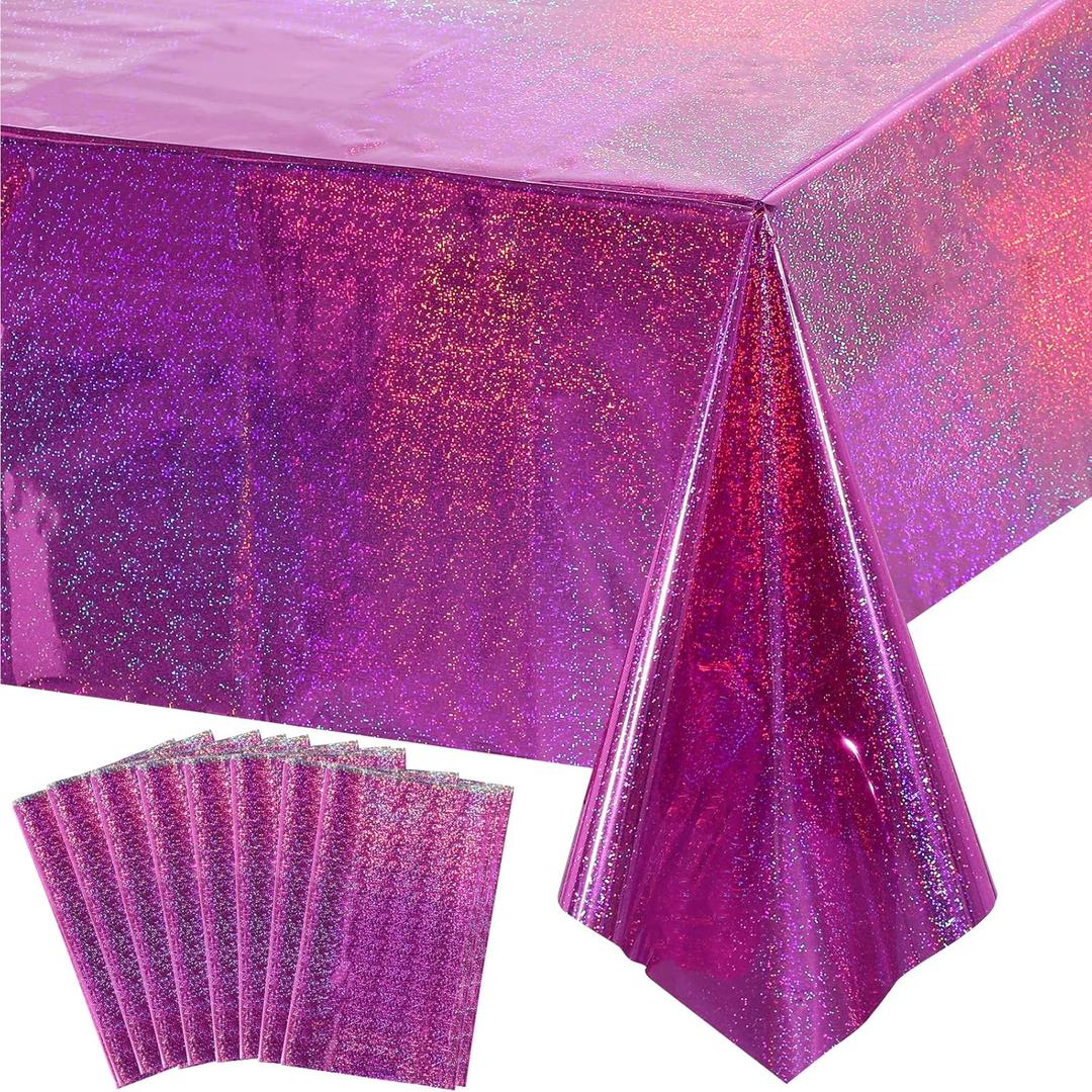 8 Pack Iridescence Plastic Tablecloths Shiny Disposable Laser Rectangle Table Covers Holographic Foil Tablecloth Iridescent Party Decoration Birthday Bridal Wedding Christmas 54" x 108"(Pink & Purple)