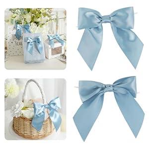AIMUDI Dusty Blue Satin Bows 5.5" Bows for Gift Wrapping Satin Twist Tie Bows Premade Ribbon Bows for Treat Bags Invitations Baskets Wreaths Crafts Wedding Birthday Baby Shower Decorations, 24 PCs