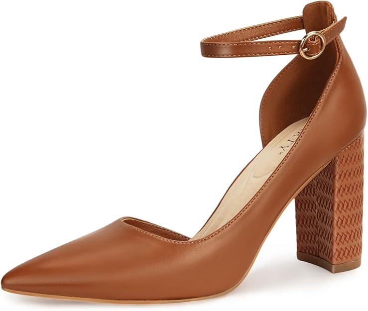 SM NEW YORK Pointed Toe Ankle Strap Dress Pumps Shoes Chunky Heels Pumps for Women color Congnac 8.5
