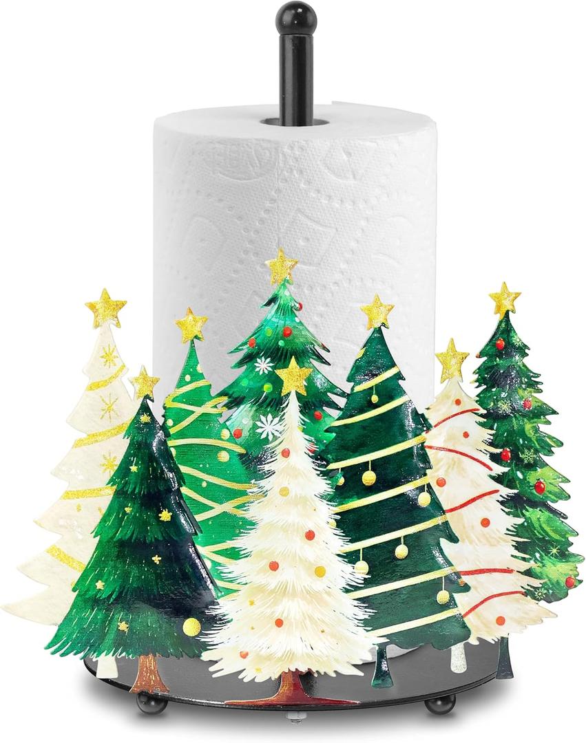 Christmas Tree Paper Towel Holder Countertop, Xmas Kitchen Decor, Merry Christmas Metal Paper Towel Stand for Tabletop Bathroom Home Farmhouse (Green)