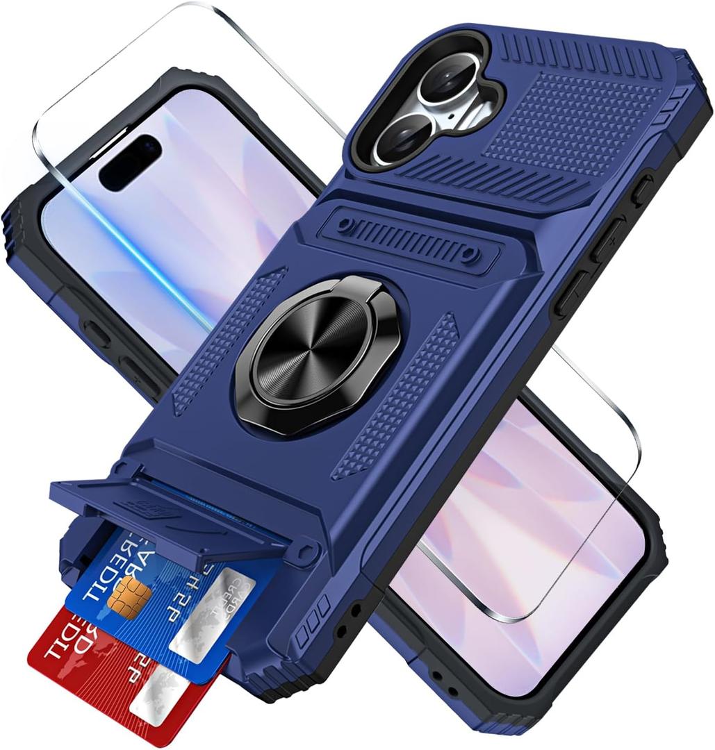 for iPhone 17 Wallet Case with Card Holder + 1 Screen Protector, (2 Cards) & 360Ring Kickstand Military Grade Drop Shockproof Rugged Case for iPhone 17 6.3" 2025(Blue)