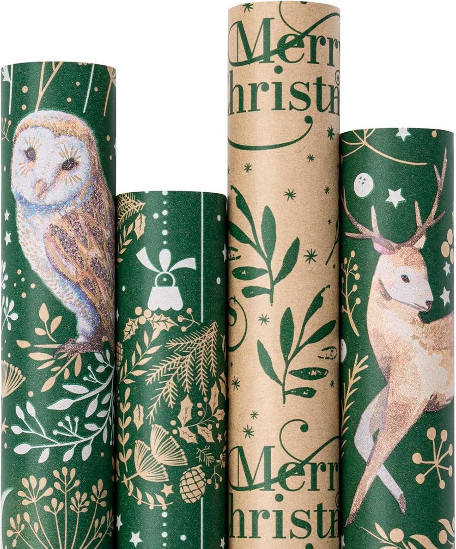 RUSPEPA Christmas Kraft Wrapping Paper - Owl, Reindeer, Christmas Ball and Text Design - 4 Rolls - 30 inches x 10 feet per Roll