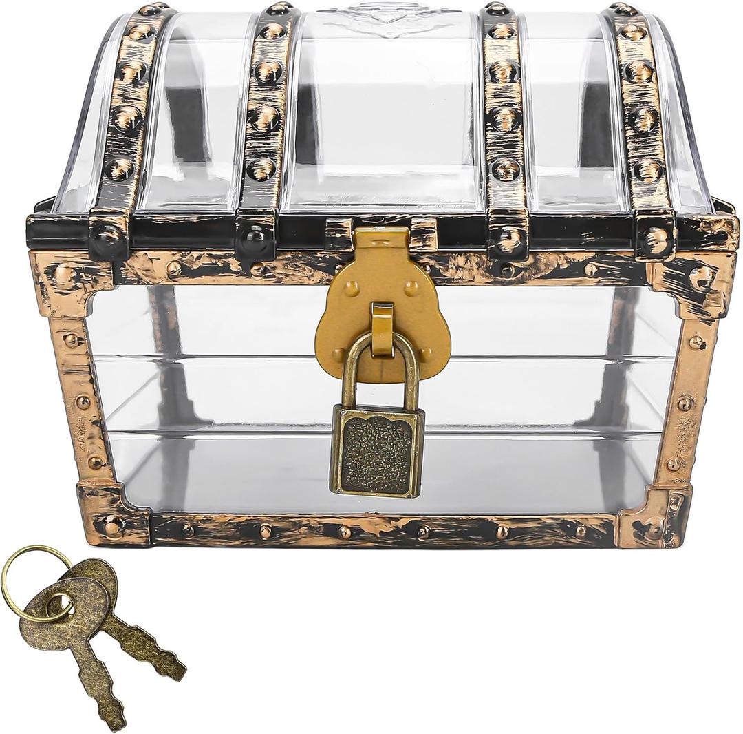 Treasure Chest Box, Small Pirate Treasure Case with Lock and Key, Transparent Jewelry Storage Container Display Toy Candy Seashell Gemstone Crystal Keepsake Gift, Retro Nautical Home Decor 5''x4.5''
