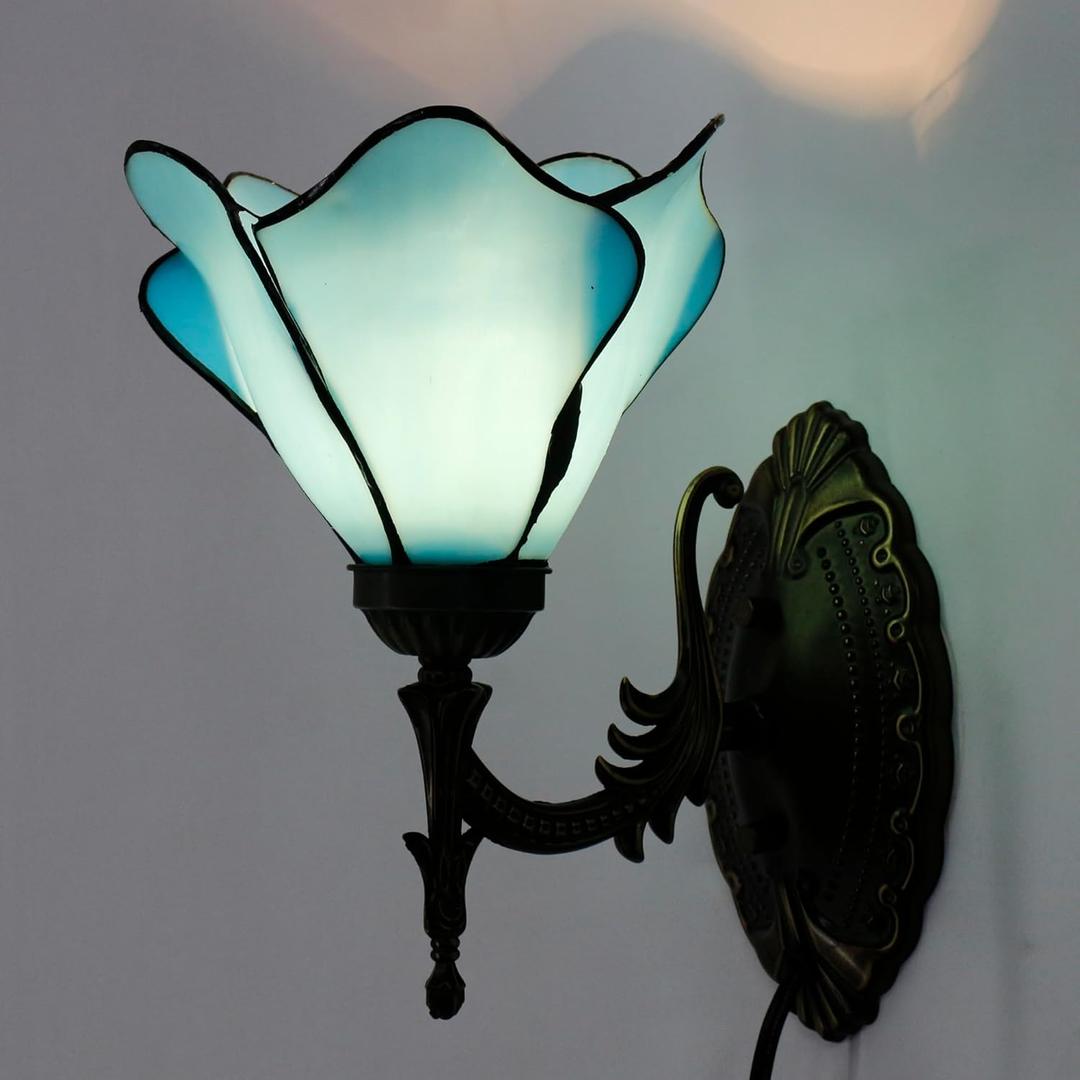 Tiffany Wall Sconce Lamp Blue Stained Glass Flower Style 8X10.5X11 Inch Plug in Wall Bedside Light for Hallway Bedroom (Blue Flower Style)