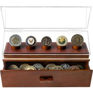 Premium Challenge Coin Display Case for 30 Coins - Wooden Challenge Coin Holder & Organizer with 360 Views, Hinged Cover, Drawer - Coin Display Stand - Handcrafted EDC & Military Gift