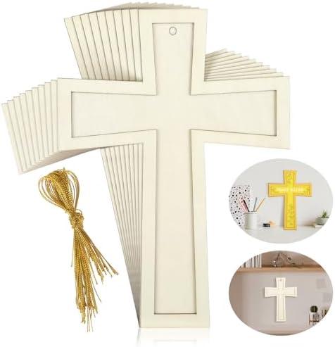 Beeveer 24 Pcs Unfinished Wooden Crosses for Crafts 8.9 x 6.5 Inch Unpainted Large Blank Wooden Layered Cross for Sunday School Crafts DIY Easter Projects Church Home Wall Decoration with String