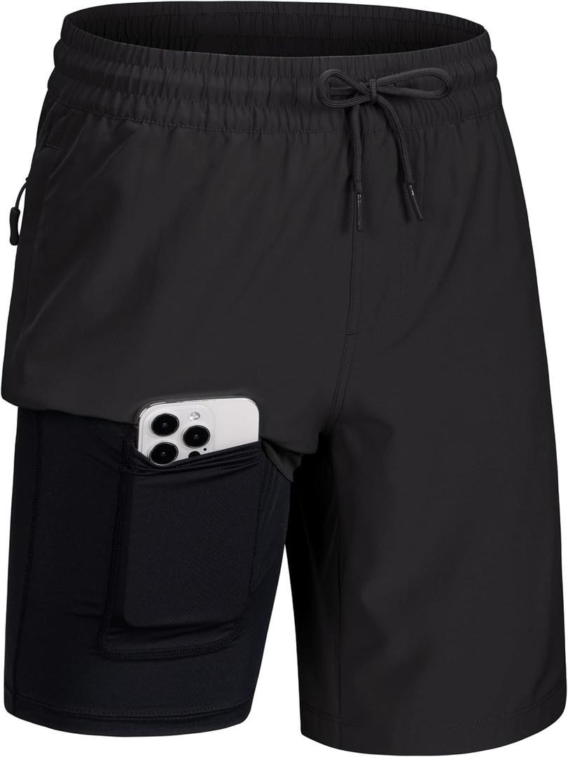 MAGCOMSEN Men's Swim Trunks with Compression Liner 9" Quick Dry Beach Shorts with Zipper Pockets (Black)