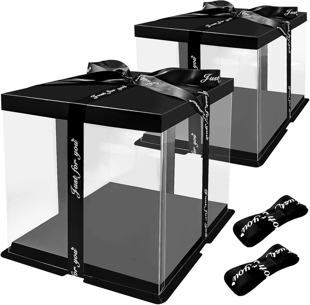 2PCS Clear Transparent Gift Cake Box, 12 x 12.3 x 10 inch Display Case with Base, Lid & Ribbon for Wedding, Birthday, Christmas, Thanksgiving, Halloween Party