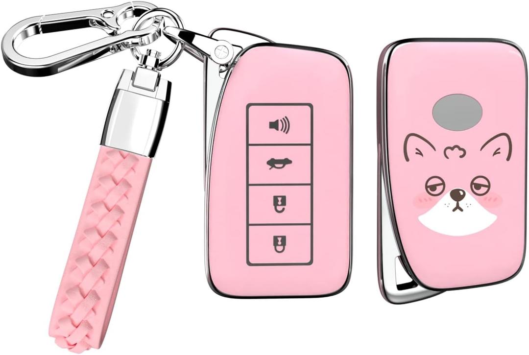 ACEBOY for Lexus Key Fob Cover with Metal Leather Keychain, Soft TPU Case Compatible with GS GS-F ES IS IS-F RC RC-F NX LX570 RX350 RX450h (Pink,4 Buttons)