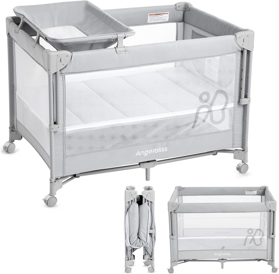 ANGELBLISS Baby Bassinet Bedside Crib, Pack and Play with Mattress, Diaper Changer, One-Push Setup Playards from Infants to Toddlers (Grey)