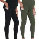 ENERFUL Women's Maternity Workout Leggings Over The Belly Pregnancy Active Wear Athletic Soft Yoga Pants with Pockets (Medium, Black+dark Green)