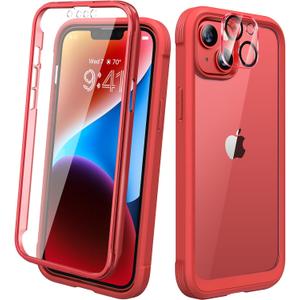 Diaclara Designed for iPhone 14 Case, Full Body Rugged Case with Built-in Touch Sensitive Anti-Scratch Screen Protector, with Camera Lens Protector for iPhone 14 6.1" (Red and Clear)