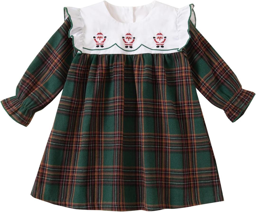 Toddler Baby Girls Christmas Outfit Plaid Dress Christmas Dress Santa Merry Embroidered Fall Winter Holiday Dresses (2-3T, Green)