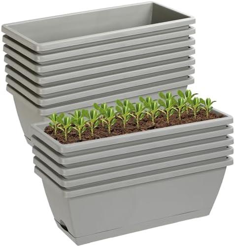 Lysjtsr 12Pcs 17Inches Rectangle Planter Box with Drainage Holes and Trays Plastic Planters Flower Boxes Pots for Indoor Outdoor Plants Patio Garden Home Decor Porch Yard (Gray)