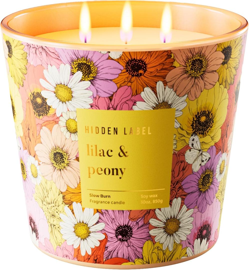 Hidden Label Lilac & Peony Scented Candle, 3 Wick Large Candles for Home, 30oz Natural Soy Candles for Home Scented,100 Hour Burn Time, Long Lasting Highly Scented Luxury Candle Gift