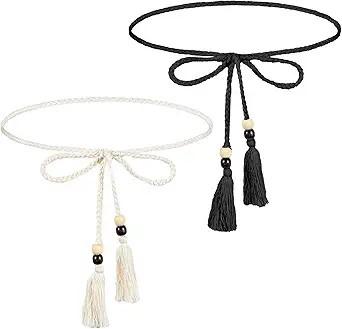 Bremorou Elegant Women's Rope Belt With Tassel White Rope Belt Macrame Belts For Women Braided Waist Tie Trendy Boho Thin Belts（White,Black）