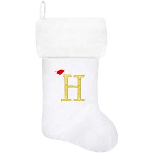 20 Inches Monogram Christmas Stockings White Velvet with White Super Soft Plush Cuff Embroidered Xmas Stockings Classic Personalized Stocking Decorations for Family Holiday Season Decor(H)