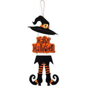 Yerliker Halloween Happy Sign Decoration Witch Legs Hat Hanging Wooden Wall Decor Version Rustic Front Door Hanger Fall Art Ornament for Home Room Indoor Outdoor Holiday Party(Orange)