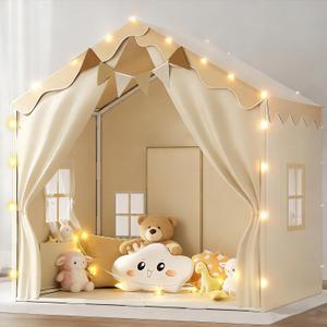 EagleStone 2-in-1 Kids Tent,Large Play Tent with Padded Mat and Lights,Kids Playhouse with 2 Doors & 4 Windows,2 Large Side Pockets,Indoor Outdoor Kid Play Tent for Toddlers,53" x40" x 51" (Double Door White)