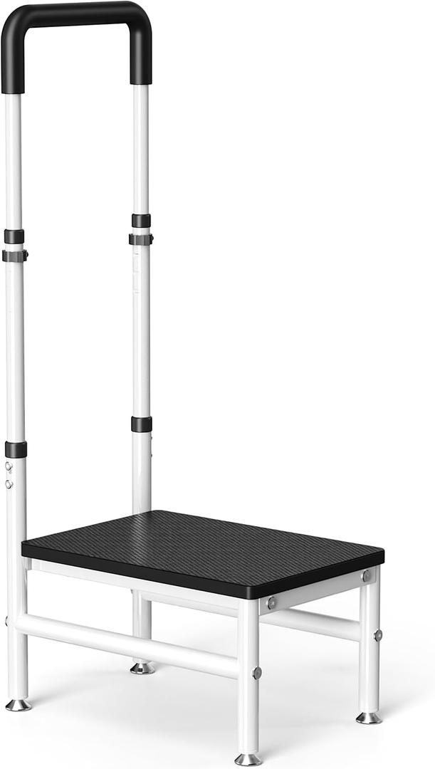 Step Stool with Handle for Adults and Seniors, Heavy Duty One Step Wooden Platform Stool with Adjustable Handrail, Wide Non Slip Footstool for Bedside, Bathroom and Home