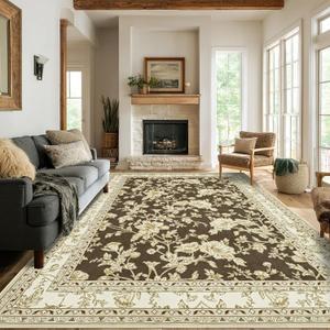 Brown Floral Area Rugs 6x9 Living Room, Brown with Cream Beige Flower Design Low-Pile Washable Rugs for Bedroom Dining Room, Vintage Modern Farmhouse Boho Indoor Floor Carpet Kids Playroom