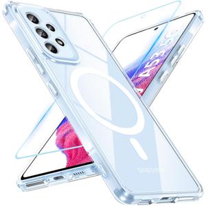 2 x Magnetic for Samsung Galaxy A53 5G Case with Screen Protector,Anti-Yellowing and Scratches,Shockproof Protective Transparent Slim Shockproof Cover for Samsung A53 5G (Clear)